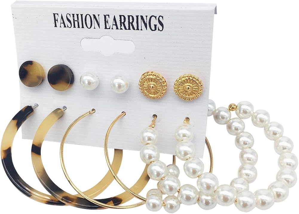 6Pairs Fashion Acrylic Resin Hoop Earring Sets for Women Girls Pearl Hoop Earrings Set Pearl Gold Lightweight Stud Earrings for Valentine’s Day Birthday Party Dinner Gifts