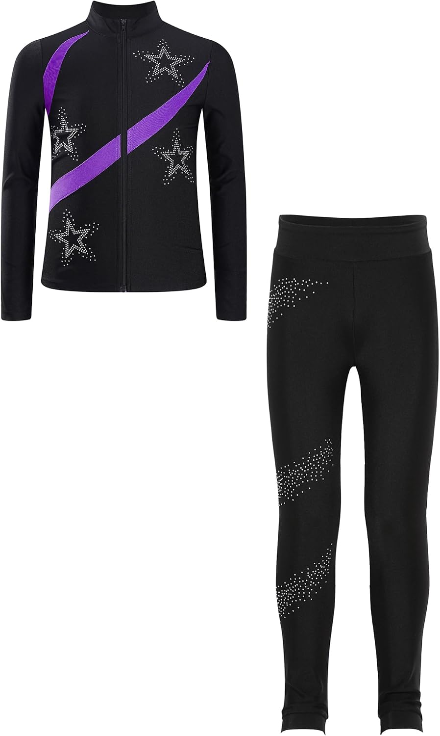 TiaoBug Kids Girls Figure Ice Skating Outfit Shiny Rhinestone Long Sleeve Jacket with Training Leggings Pants Set
