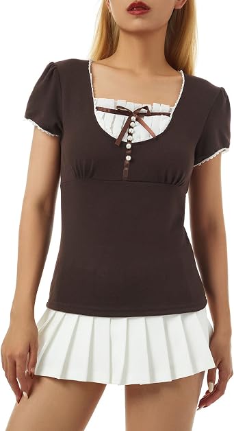 Women Ruched Square Neck T Shirt Elegant Lace Patchwork Short Sleeve Crop Top Slim Harajuku Shirts Vintage Streetwear