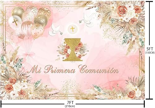 Miniatura 4 de MEHOFOND Telón de fondo de comunión Mi Primera de 7 x 5 pies para niña, color rosa, bohemio, bautizo, decoración de fiesta, pancarta, Dios bendiga