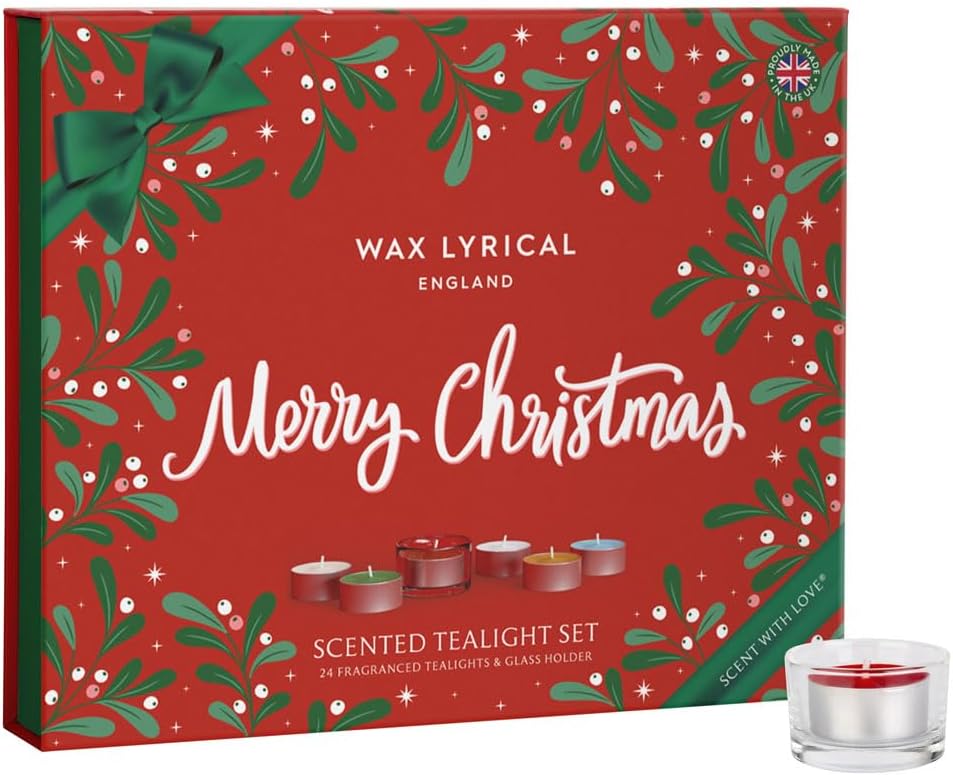 Wax Lyrical England Merry Christmas Scented Tealight Set, 24 Fragranced Tealights with Glass Holder