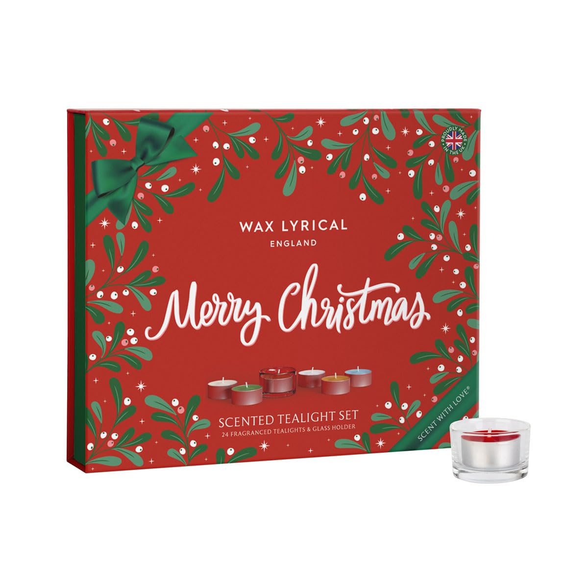 Wax Lyrical England Merry Christmas Scented Tealight Set, 24 Fragranced Tealights with Glass Holder, Red