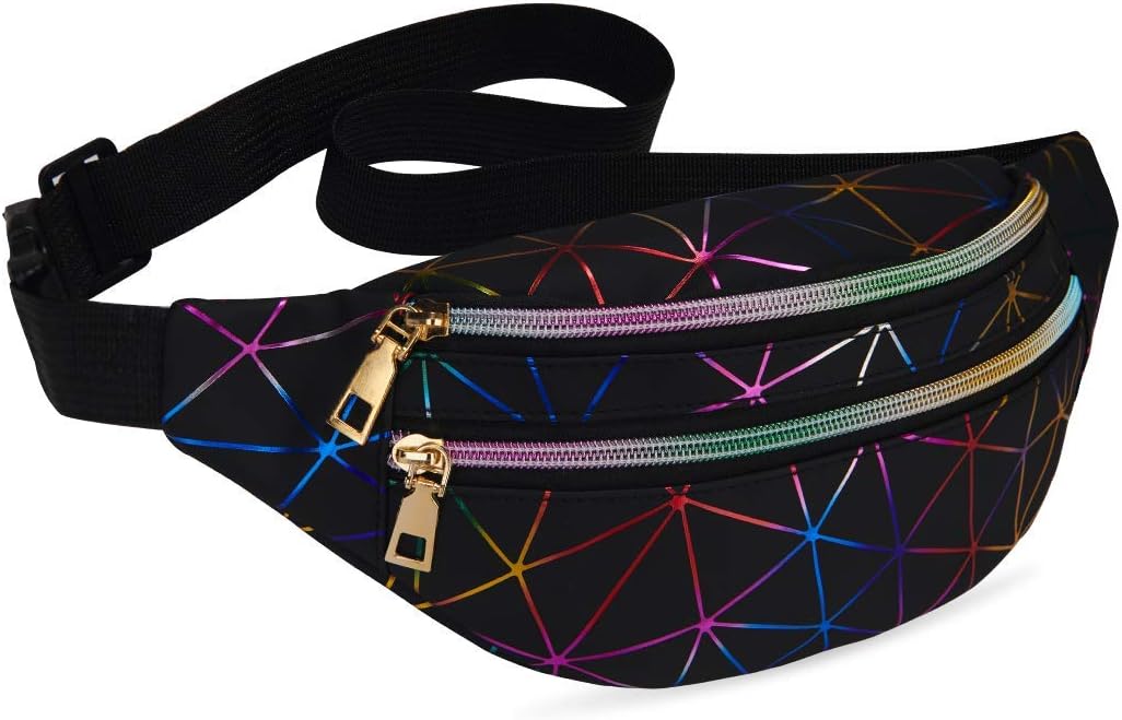 LIVACASA Black Fanny Packs for Women Waterproof Holographic Waist Packs Shiny with Adjustable Belt Diamond Lattice Pattern for Party Festival Trip
