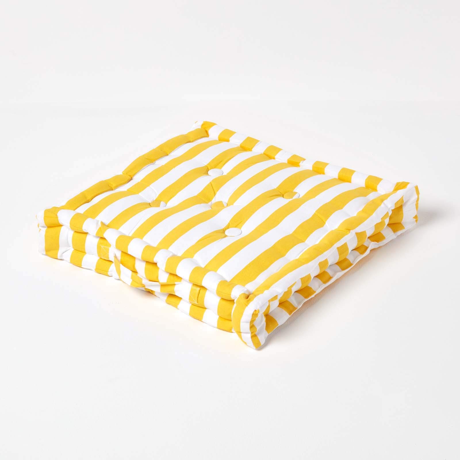 HOMESCAPES - Thick Stripe Yellow - 100% Cotton - Floor Cushion - Bright Cheerful Sunshine - 40 x 40 x 8 cm Square - Indoor - Garden - Dining Chair Booster - Seat Pad Cushion — image 1