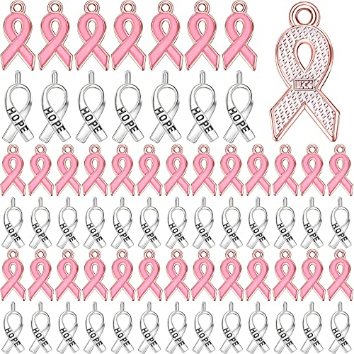 Yaomiao 100 Pcs Breast Cancer Charms for Jewelry Making Awareness Ribbon Charms Ribbon Charm Beads Hope Ribbon Pendant Charms for DIY Craft Making Supplies Jewelry (Pink 1, Rose Gold)