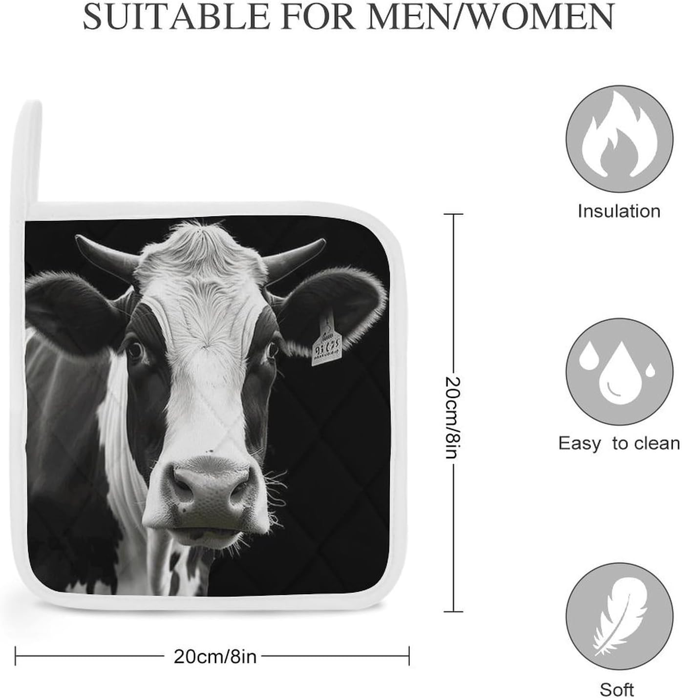 Animal Funny Cow Head Black White Polyester Heat Resistant Pot Pad Non Slip Anti Scald Hot Dish Mat Reusable Table Protector for Kitchen Hot Pot Mat Wear Resistant Heat Proof Table Pad for Countertop