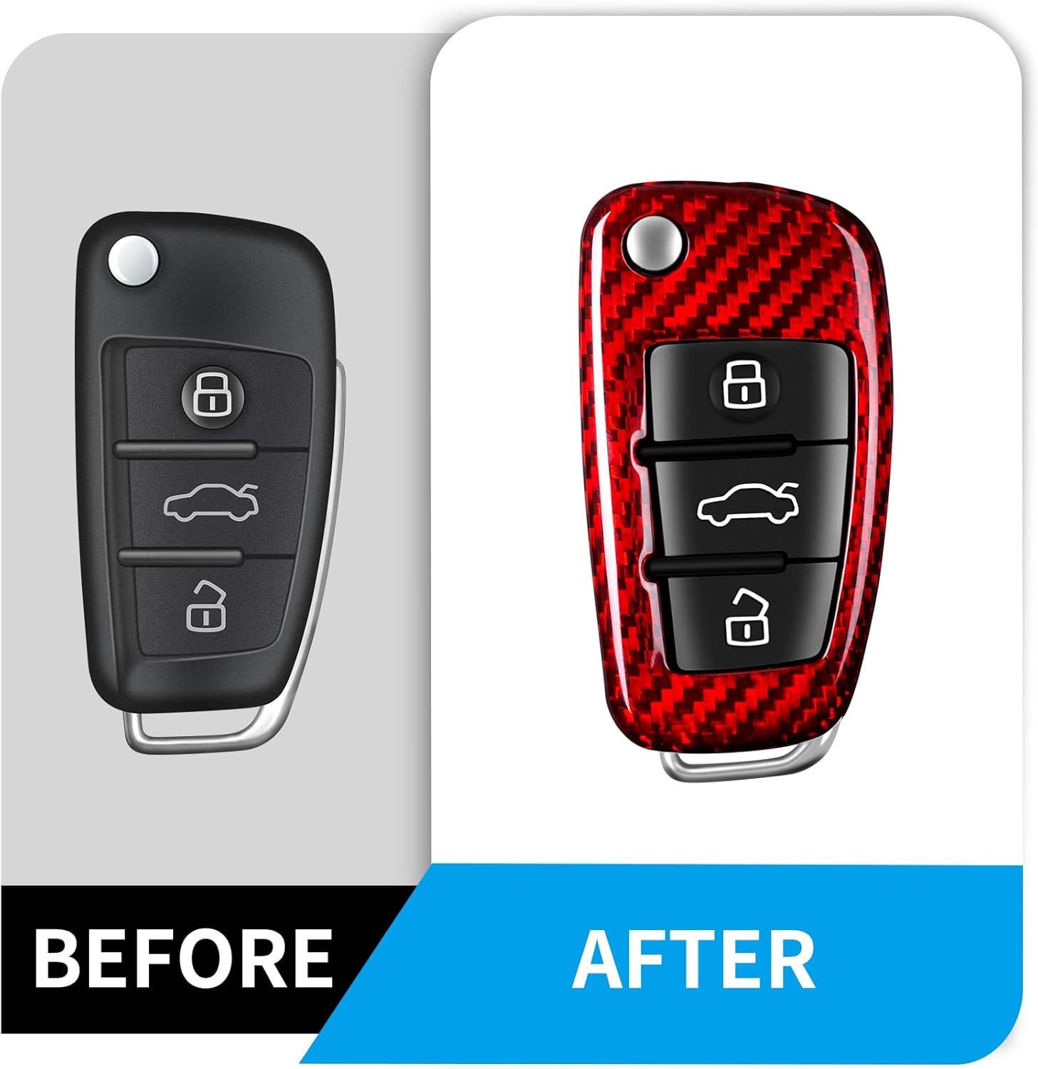 T-carbon Key Fob Cover with Keychain Fits Audi Q3 2024,Glass Fiber Key Fob Case Shell Fits Audi A3 A4 A6 S3 S4 RS3 RS4 RS6 R8 TTS 2005 2010 2013 Flip Blade Key Smart Remote Accessories