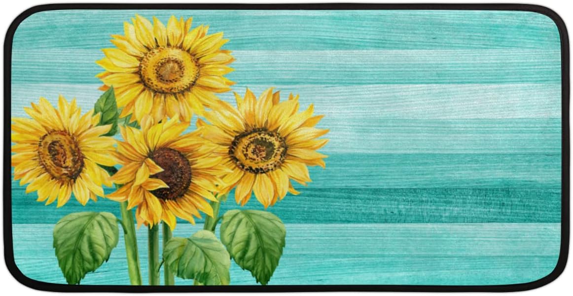 Sunflower Teal Kitchen Mats Floor Runner Rug Turquoise Wood Design Comfort Standing Mat Non-Slip Yellow Flower Floral Area Rug Carpet for Floor Indoor Decor 39 x 20 Inch
