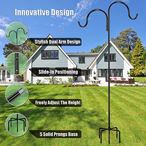 Outdoor Double Shepherds Hook/Bird Feeder Pole Outside 76 Inch With 5 Prongs Base, Pinziren Tall Heavy Duty Garden Hanger Stand (2 Pack), Adjustable Hanging Plant Holder For Wind Chime,Lantern,Décor #TOP1