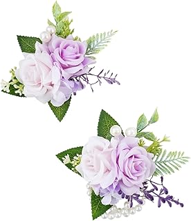 Purple Corsage and Boutonniere Set for Wedding Prom, Artificial Rose Flower Wrist Corsage Bracelets, Homecoming Corsage Wristlet, Boutonniere for Men Wedding Suit Decorations