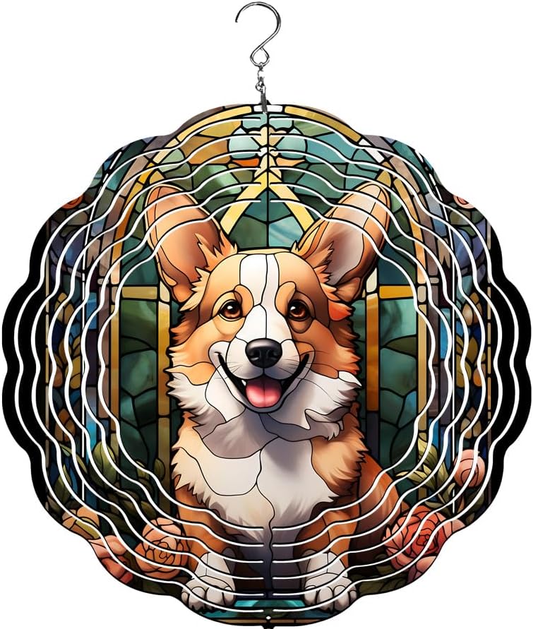 Traci's Fun Creations Wind Spinner, Corgi Dog Theme, Multicolor, Aluminum, Double-Sided Design, 10 Inch (Stain 1)