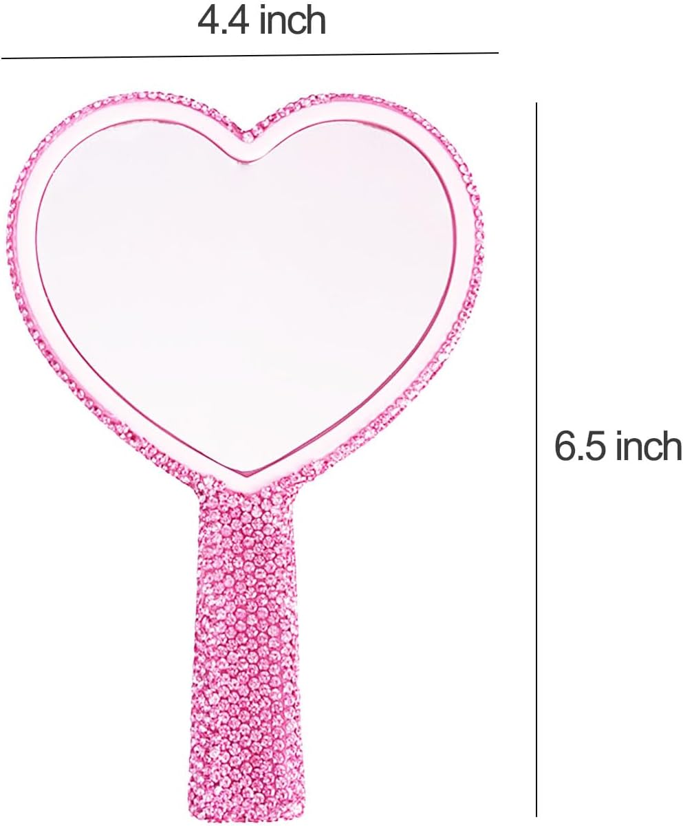Large Rhinestone Handheld Mirror Heart Bling Glitter Cosmetic Dazzling Portable Hand Mirrors with Handle for Women Wedding Silver White (All Hot Pink) image 3