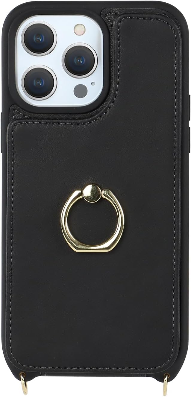 for iPhone 12/12 Pro Case with Card Holder and Strap for Women,Crossbody Lanyard,Kickstand Ring Stand,Snap Clasp,Phone Wallet Cases 6.1 inch(Black) - Image 7