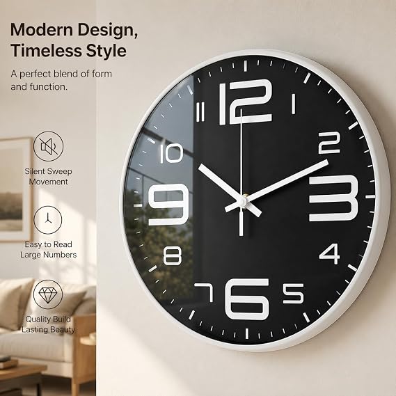 Wall Clock12 Inch with 3D Number,White with Black