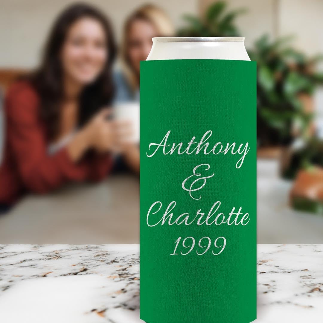 Engagement Party Favor For Women Two Hearts Become One With Personalized Names 24-Pack Personalized Ultra Slim Can Drink Thermocoolers Forest