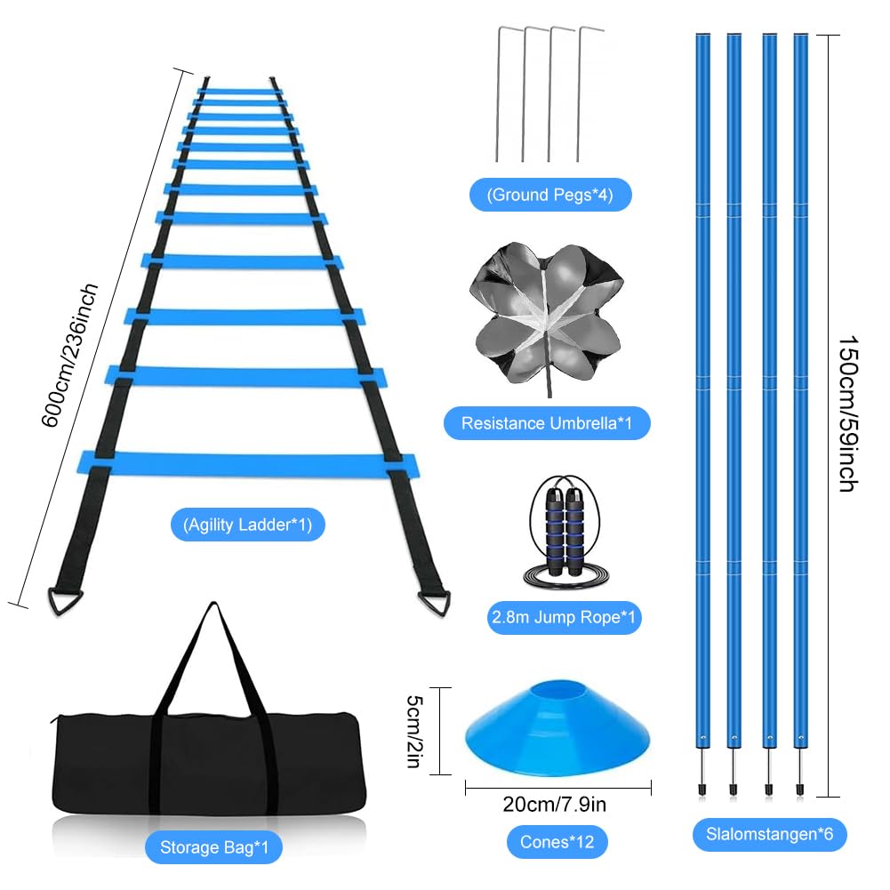 Set da allenamento per calcio, 6 aste slalom, scala di coordinazione 6 m, 12 cappelli, corda per saltare, paracadute di resistenza, set completo per allenamento di coordinazione
