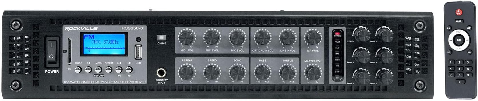 RCS650-6 650 Watt 6-Zone 70V Commercial Amplifier, Bluetooth, USB/SD/FM Playback, Rack-Mountable, for Restaurants & Offices