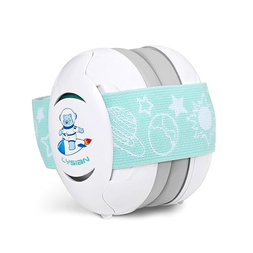 Miniatura 11 de LYSIAN Aqua Baby - Orejeras con cancelación de ruido para bebés con diadema elástica, protección auditiva para niños, para dormir, desfile, Azul agua