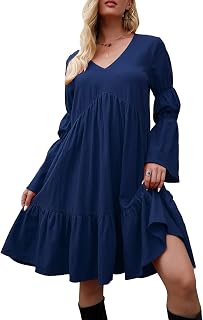 Moniss Vestido feminino de manga comprida com decote em V vestido de festa evasê