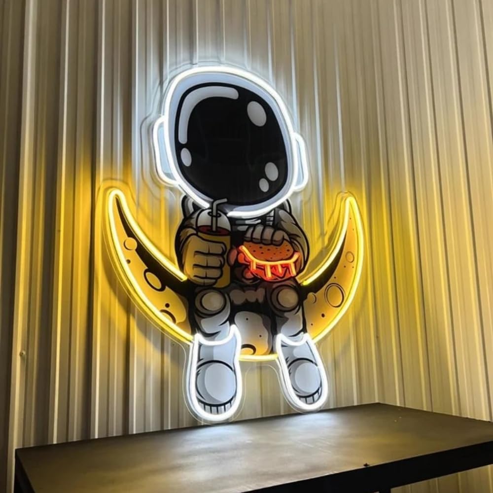 Neon Sign Astronaut Eating Cheeseburger Neon Signs Artwork Handmade Moon Led Lights Astronaut Signs for Home Bedroom Wall Decor Party Bar Size: 45cm