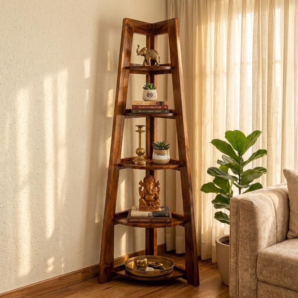 Solid Sheesham Wood Urna Corner Shelf | 5 Tier Ladder Wooden Corner Stand | Ideal Furniture for Living Room, Bedroom, Office | Space Saving Display & Bookcase (Honey Finish)-image-31