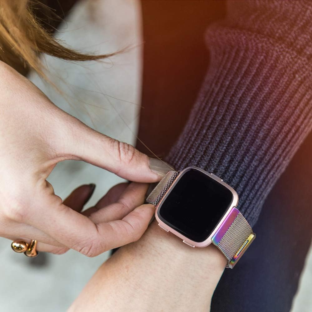 Amzpas Bands Compatible with Fitbit Versa, Breathable Stainless Steel Loop Mesh Magnetic Adjustable Wristbands for Women & Men image 4