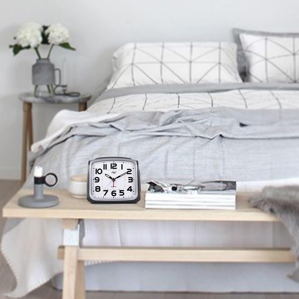 TXL Silent Non Ticking Analog Alarm Clock with Nightlight and Snooze/Ascending Sound Alarm/Simple to Set Clocks, Battery Powered, Perfect Parent Gift(Grey)