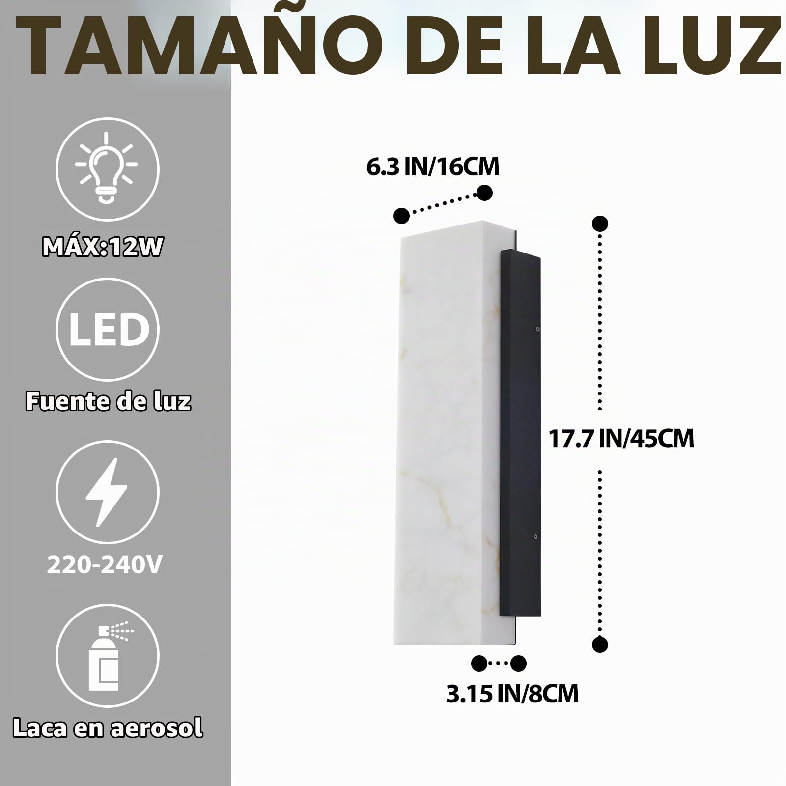 Aplique Pared Exterior Resistente Al Agua,Led Moderna Rectangular Luces De Pared ImitacióN De MáRmol,Jardin Acero Inoxidable Engrosado LáMpara De Pared Exterior,Per Puerta De La Villa 45Cm