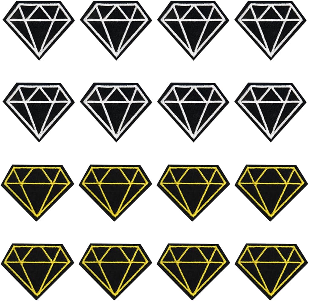 JKJF 16 Pcs Diamond Embroidery Patches - Black Gold & Silver - Geometric Metallic - Iron On & Sew On - Diamond Shaped - Fabric Applique Patches