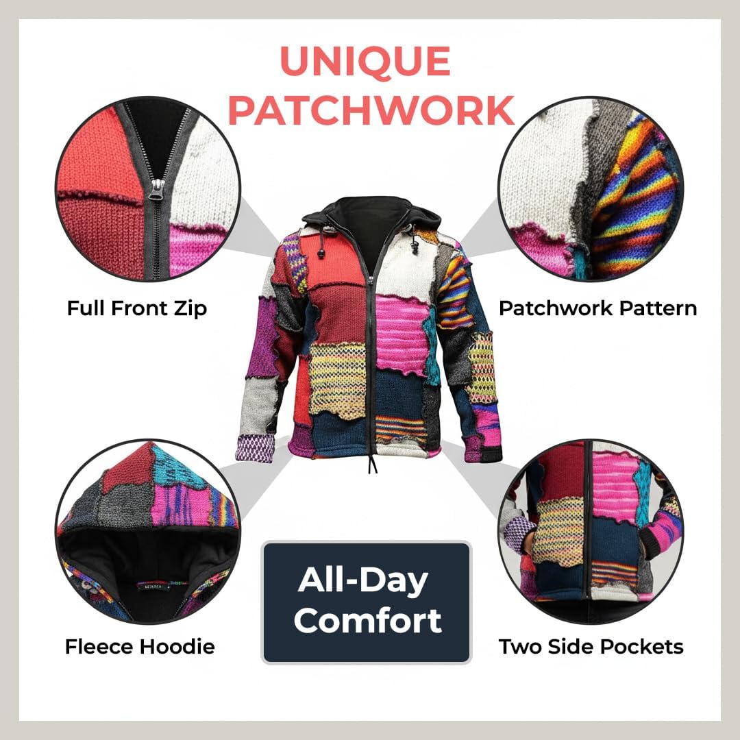 Shopoholic FashionMen's Tye Dye Patchwork Hippie Jacket Fleece Lined Festival Boho Hippy Sweater - Image 4