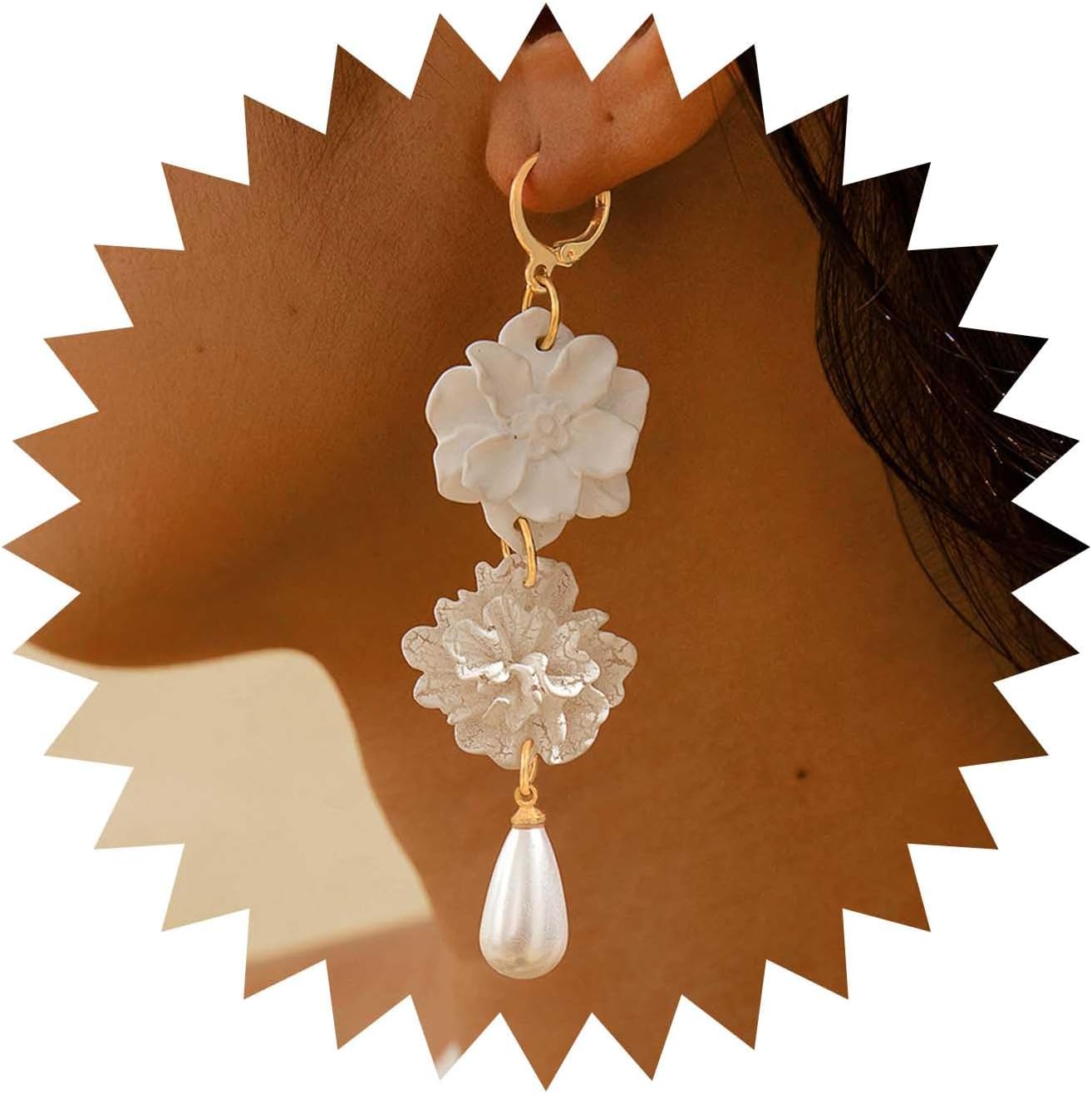 Vintage Flower Huggie Hoop Earrings White Camellia Earrings Gold Pearl Teardrop Earrings Camellia Flower Drop Earrings Long Floral Earrings Jewelry for Women