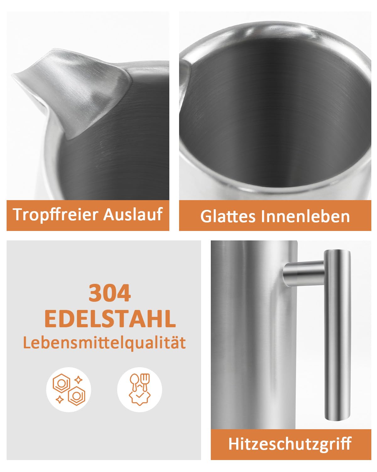 French Press Kaffeebereiter Edelstahl 350 ml/2Tassen, French Press Thermo, doppelwandig isoliert - 0,35 Liter