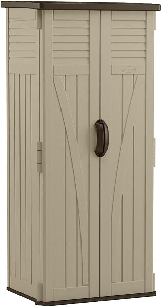 Suncast Vertical Shed, Compact Outdoor Storage System, 22 Cu. Ft. Capacity, Sand & Mustang - Lockable Multi-Wall Resin O