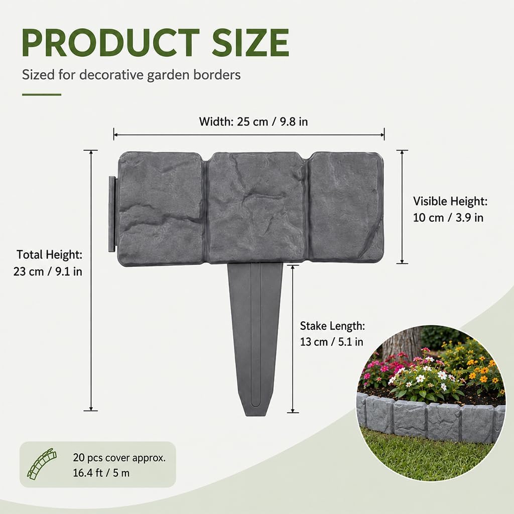 20 Pezzi di Bordure per Recinzione da Giardino in Finta Pietra Grigia - Pannelli Decorativi Ad Incastro per Aiuole, Vialetti E Prati - Bordura per Esterni, Bordo per Prato in Legno