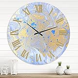 DesignQ Orologio da parete moderno 'oro e blu marmorizzato texture IV' grande orologio da parete per la decorazione domestica