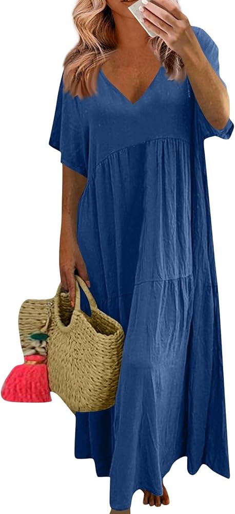 Amazon.com: Womens Vacation Dresses Women's Linen Maxi Dress Summer 2025  Short Sleeve V Neck Loose Fit Plus Size Flowy Casual Cotton Beach Blue XL :  Clothing, Shoes & Jewelry