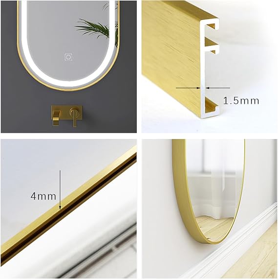 Bathroom Mirror With LED Lights, Oval Mirror Wall, Smart Mirror with Touch Screen, 3 Colors Dimmable Light, Wall Mounted Vanity Mirror (Gold,40X70CM)