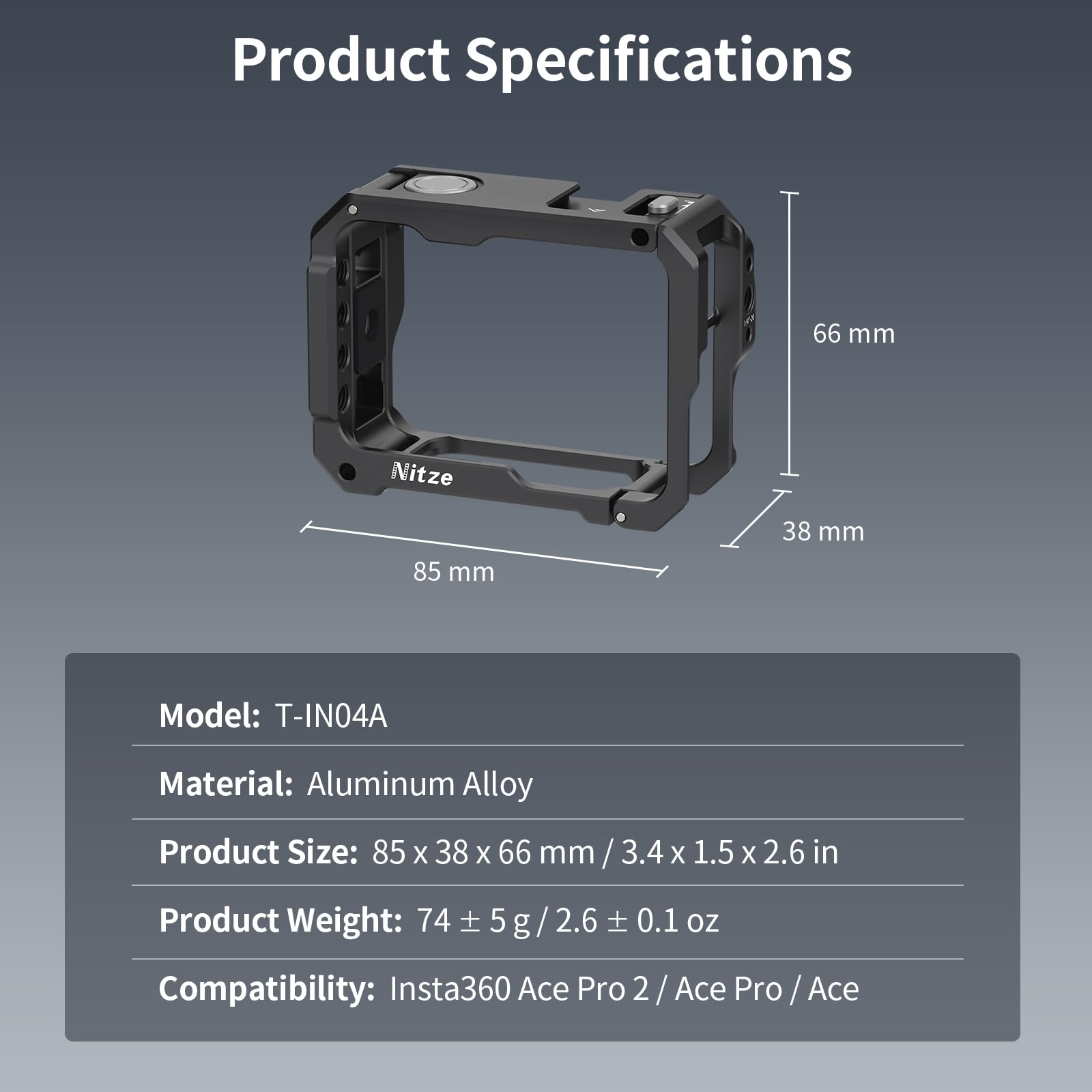 Nitze Cage pour Caméra Insta360 Ace Pro 2/ Ace Pro/Ace, Ace Pro 2 Cage avec Griffe Intégrée, Bouton d'Obturateur, Prise de Vue Verticale et Horizontale - T-IN04A