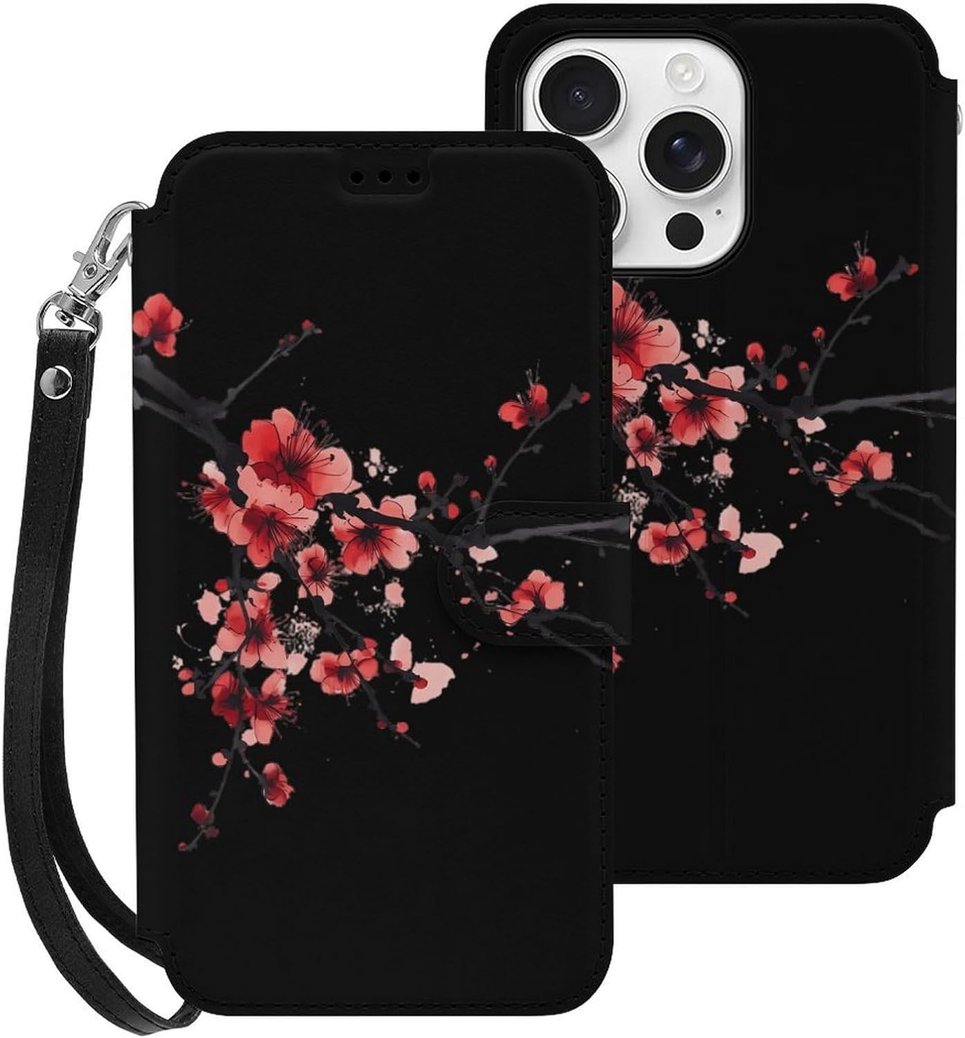 Red Blossoming Flowers Cherries Compatible with iPhone 16/16 Plus/16 Pro/16 Pro Max/16 E Case Phone Wallet Card Holder Flip Cover with Wrist Strap