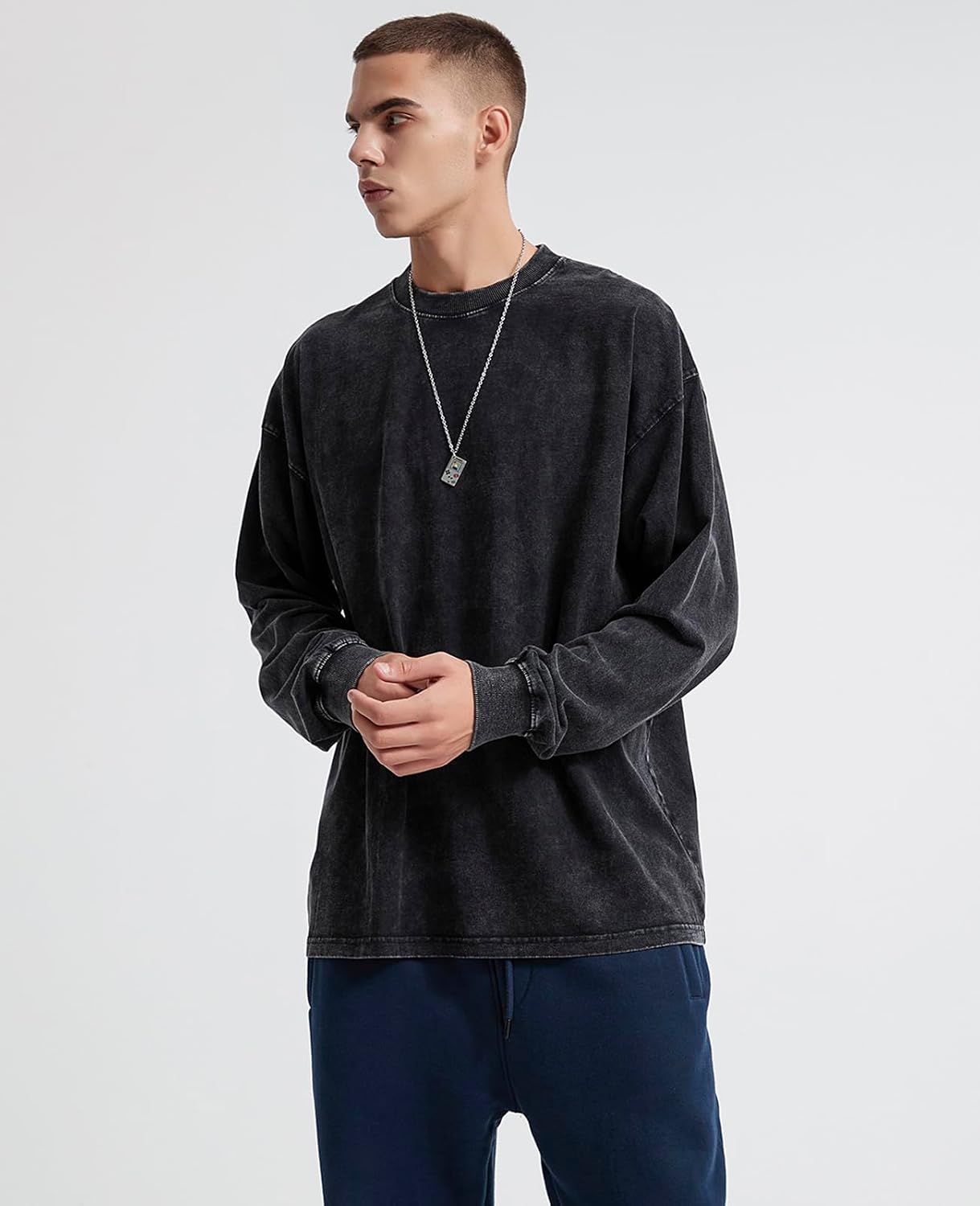 KEEPSHOWING Men's Oversized T Shirts Long Sleeve Shirts for Men Vintage Acid Wash Comfort Colors Crewneck Sweatshirt - Image 2