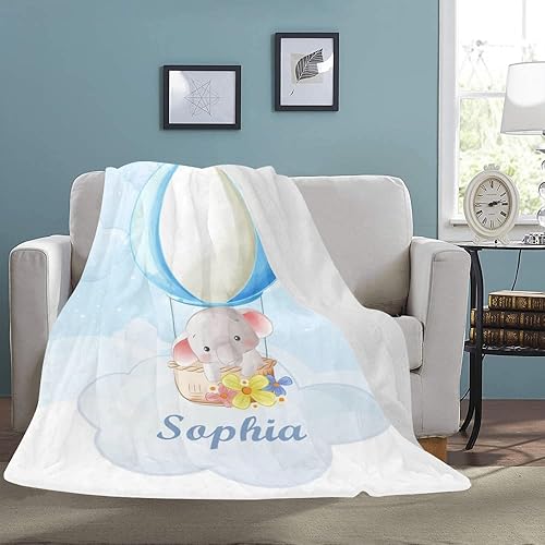 Miniatura 2 de Mantas de bebé personalizadas con nombre de globo de aire caliente, manta de elefante para bebé, niño y niña, manta de franela suave, manta duradera