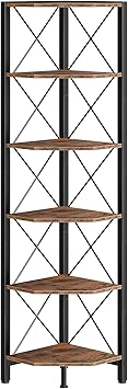 CHOEZON 6-Tier Corner Shelf, Corner Bookcase, 66.9" Tall Vertical Display Rack, Plant Stand, Open Storage Shelf, for Living Room, Bedroom, Study, Kitchen, Rustic Brown and Black TCJ13BF