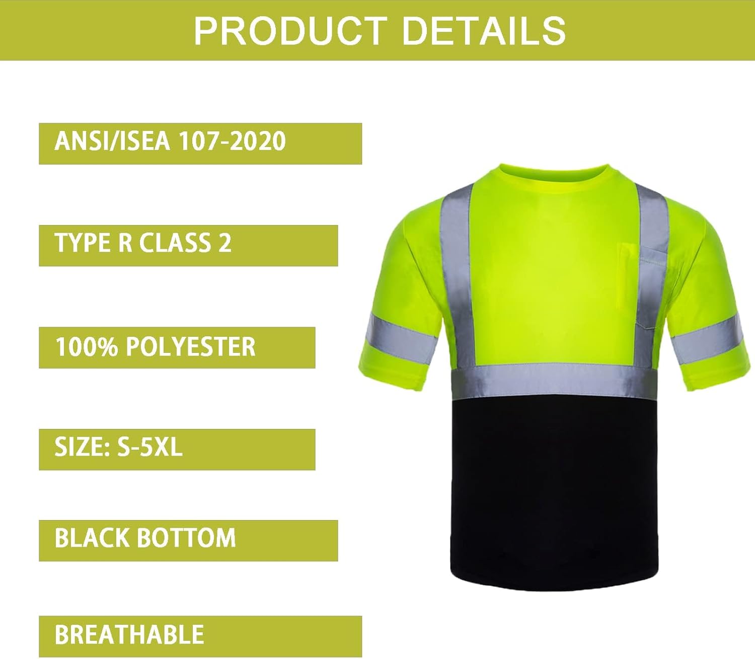 FONIRRA Safety Shirts for Men Hi Vis Short Sleeve Reflective ANSI Class High Visibility Safety Work T Shirts - Image 4