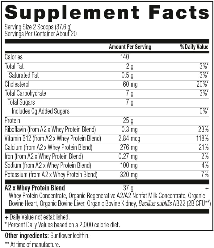 Miniatura 4 de Proteína en polvo A2, sin sabor, 0.88 oz de proteína por porción, mezcla de caseína de suero orgánico A2A2 con probióticos y sal marina celta,