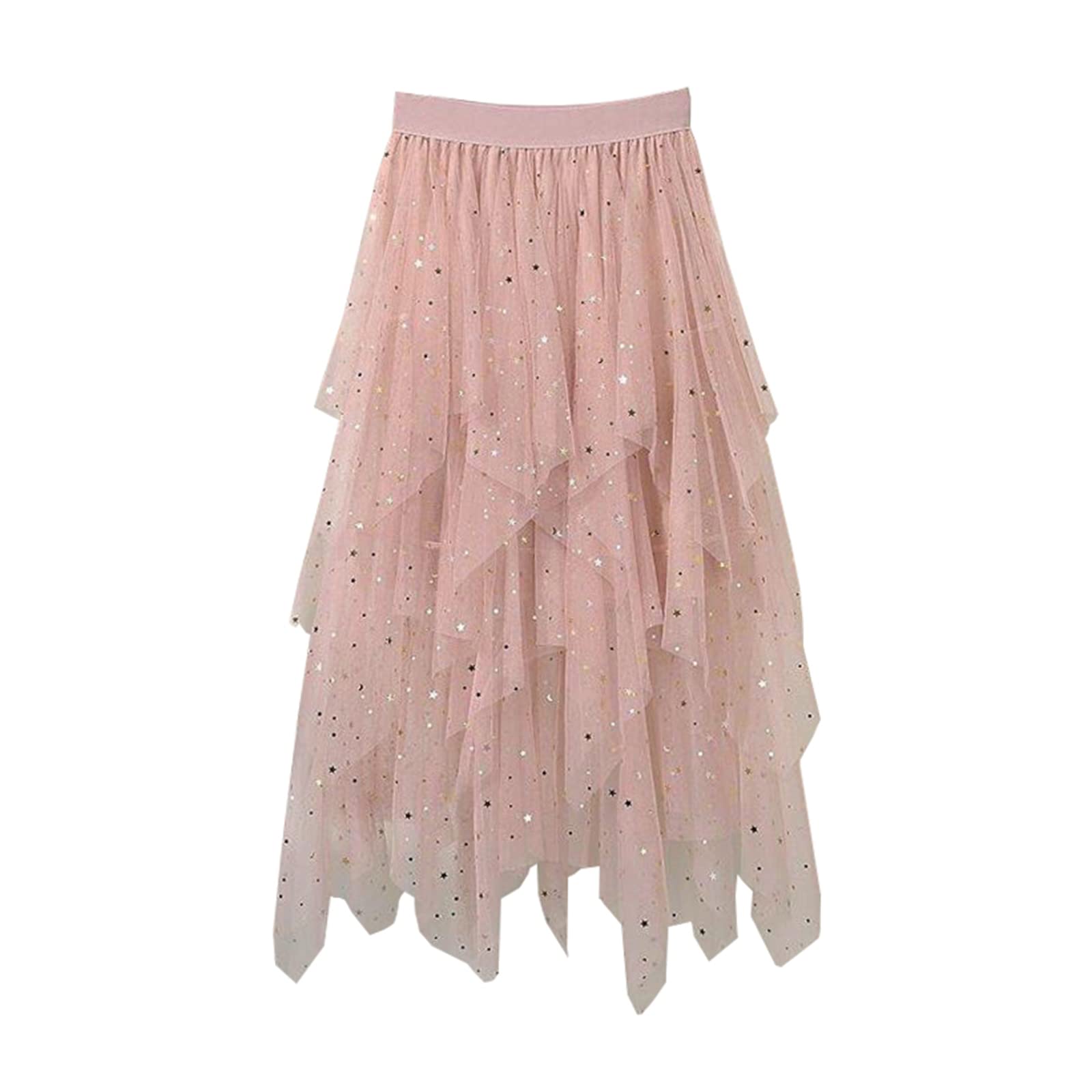 Jupes asymétriques en tulle pour femme - Taille haute élastique - Jupe tutu plissée - Jupe midi décontractée en maille, Rose pailleté, taille unique