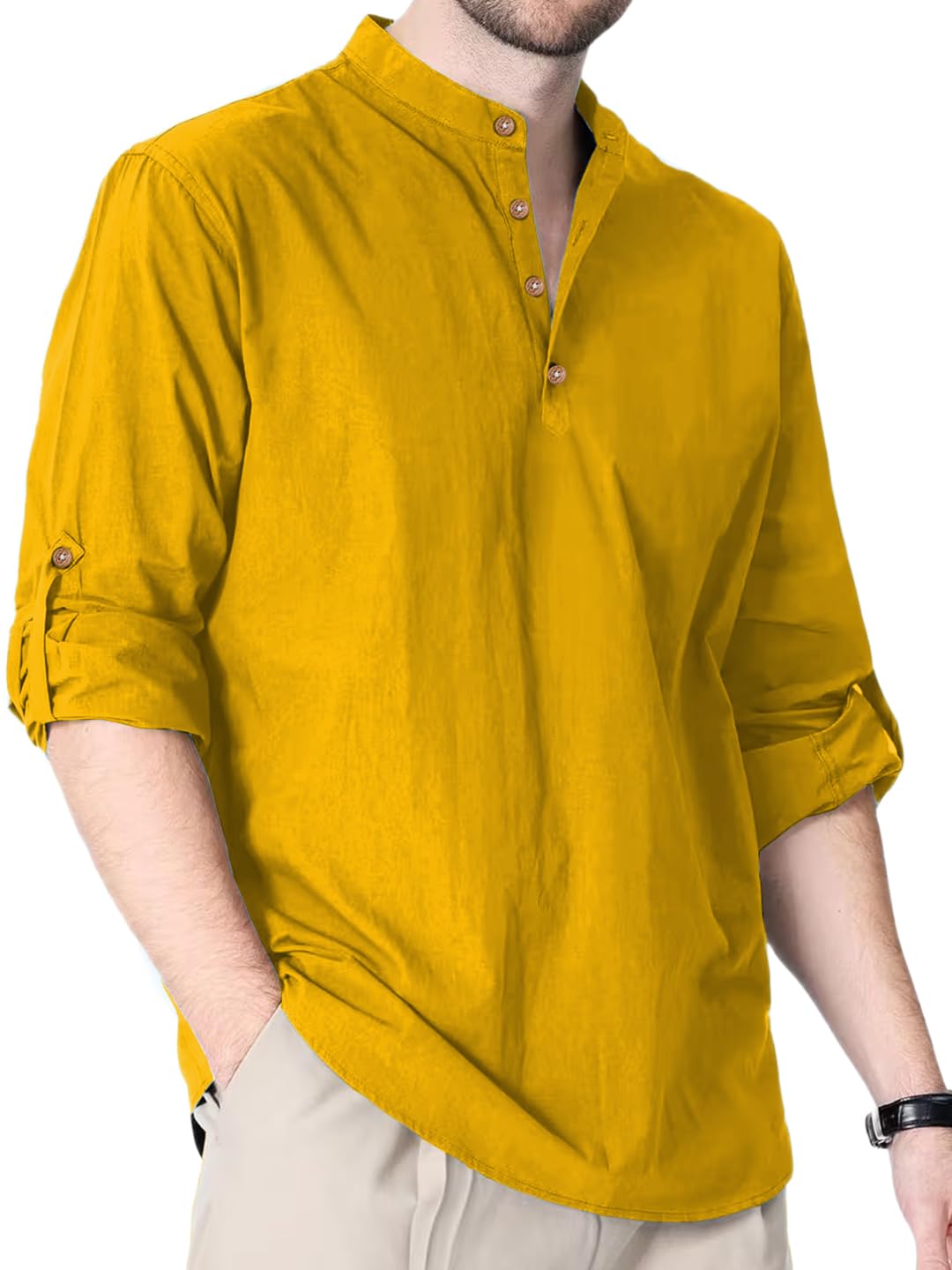 bhuvikoo Cotton Blend Solid Casual Slim Fit Mandarin/Chinese Collor Short Kurta for Men (KRTBTN38)-picture-20
