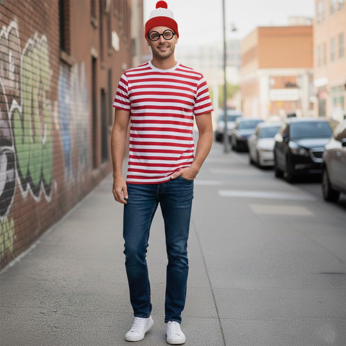 FASHIONISM Mens Womerns Red and White Stripe T Shirt Hat Glasses 3 pcs Set Unisex Fancy Dress Book Week Costume (3Pcs Set Medium) - Image 3