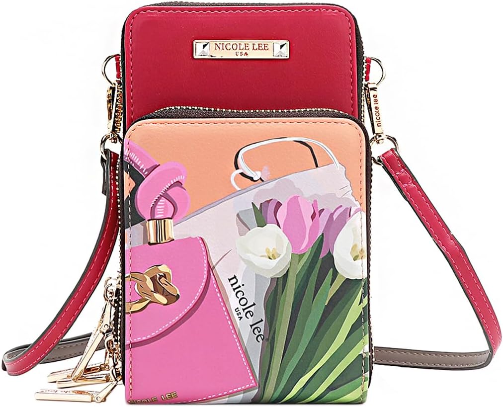 Nicole Lee Multi-Zip Phone Case Crossbody, Pebbled Vegan Leather, Universal Phone Size, RFID Blocking, (Queen Cleopatra)