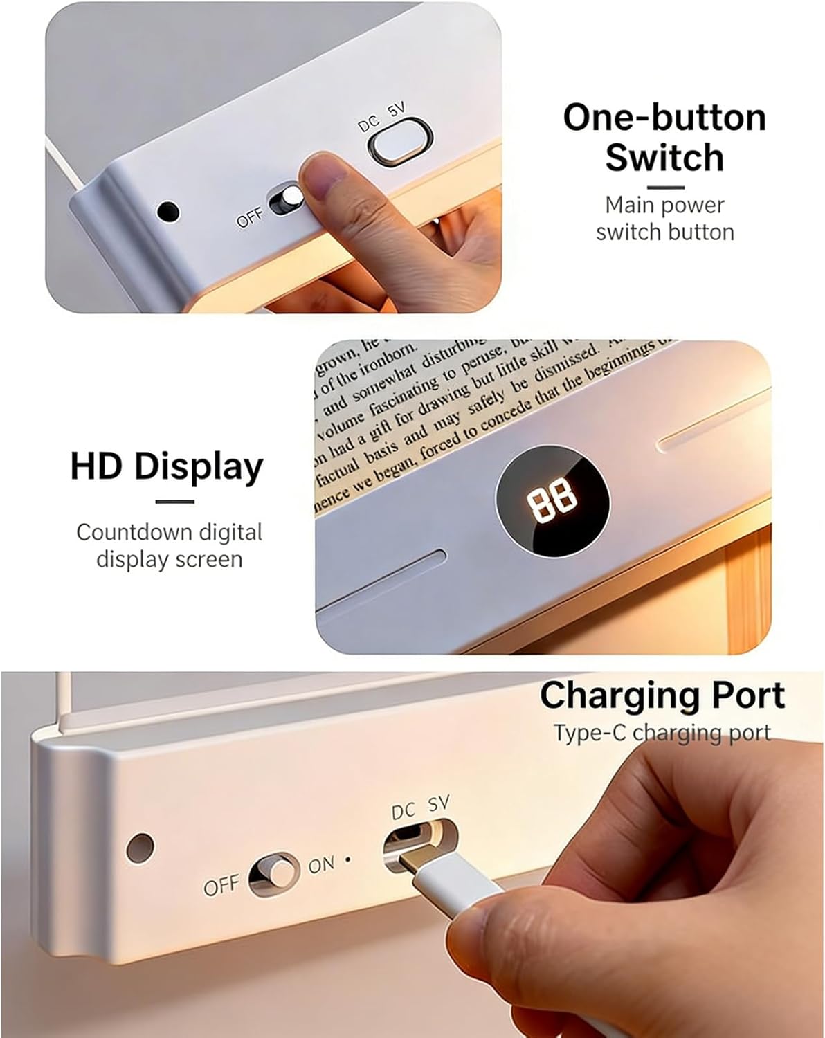 Portable LED Book Lamp - Rechargeable LED Book Light for Reading at Night | Transparent Dimmable Reading Light for Reading Books on Let-to, Before Going to Sleep, Library (White)