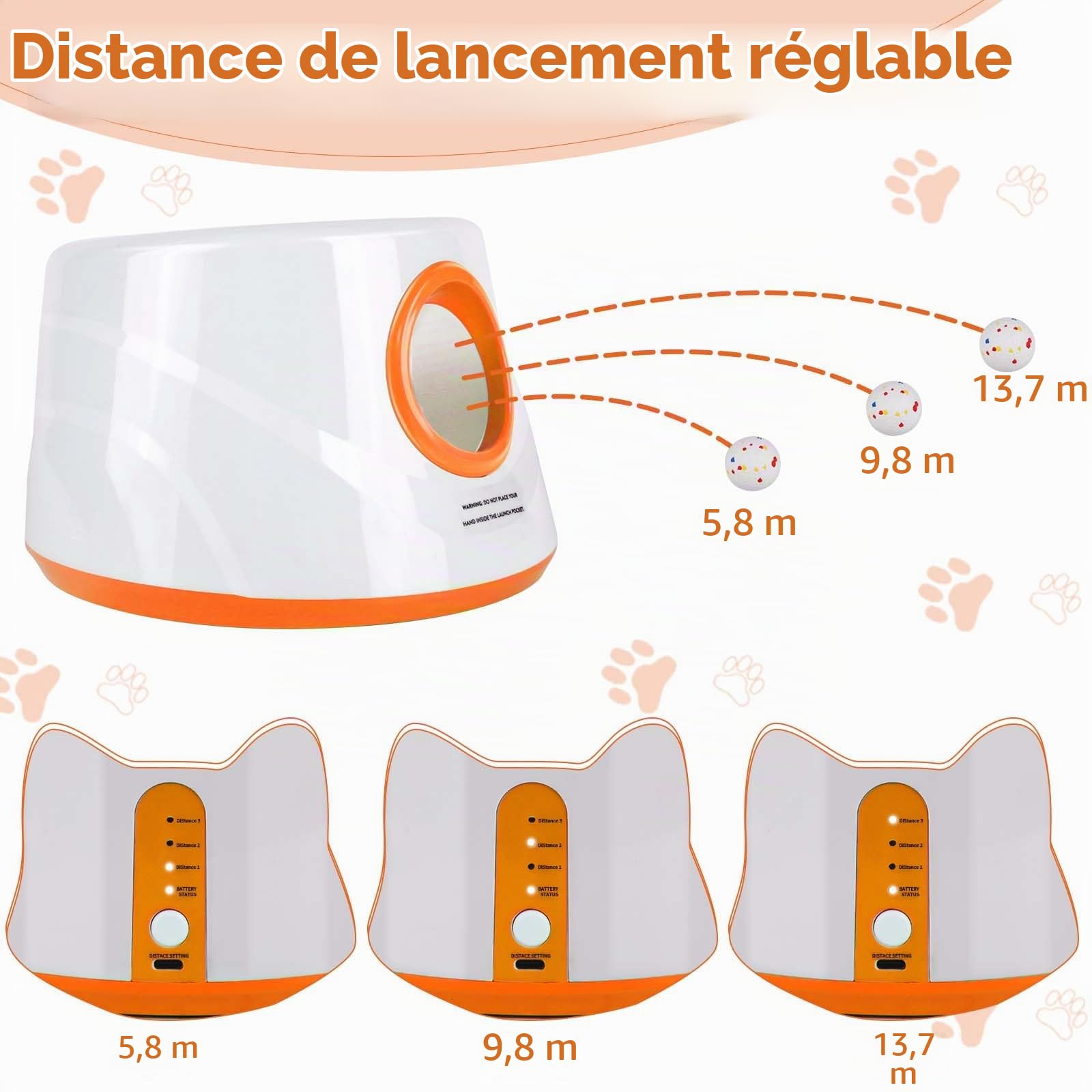 Lanceur de Balle Automatique pour Chien, avec 3 Balles de Tennis ETPU 5,8 cm, 3 Distances Réglables 5,7/9,7/13,7 m, Rechargeable, Jouet Interactif pour Chiens de Petite et Moyenne Taille (Orange)